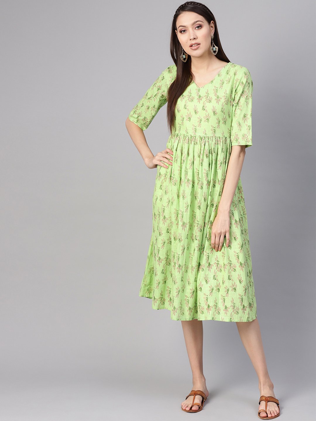 Women Green & Pink Printed A-Line Dress | LASVINI - Redefining Indian Fashion with Elegance