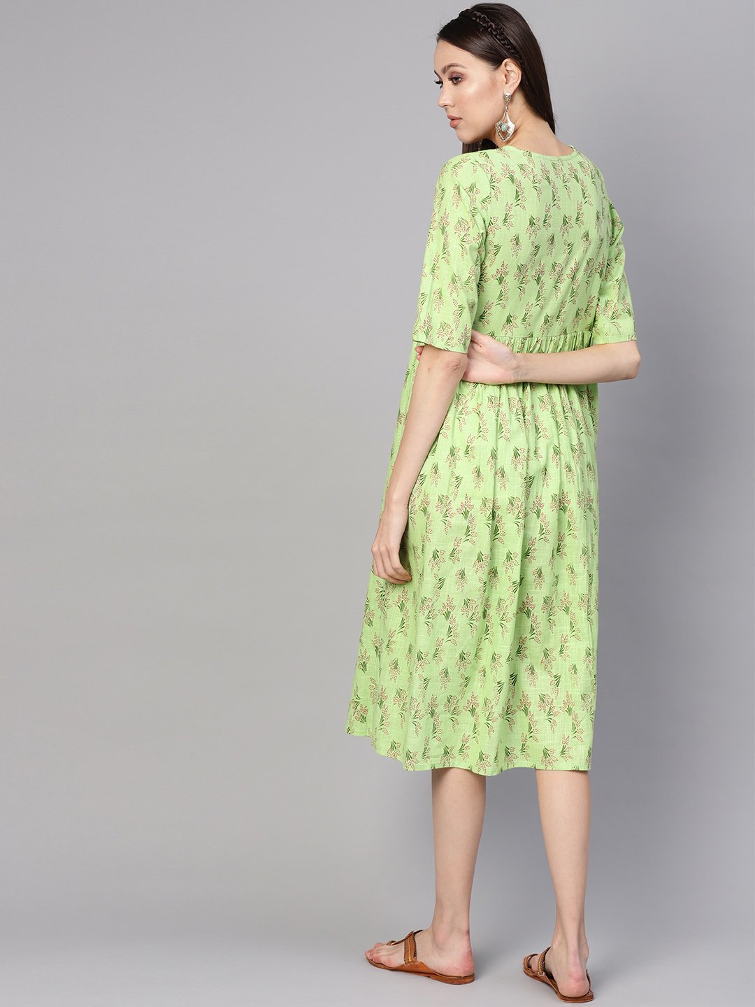 Women Green & Pink Printed A-Line Dress | LASVINI - Redefining Indian Fashion with Elegance
