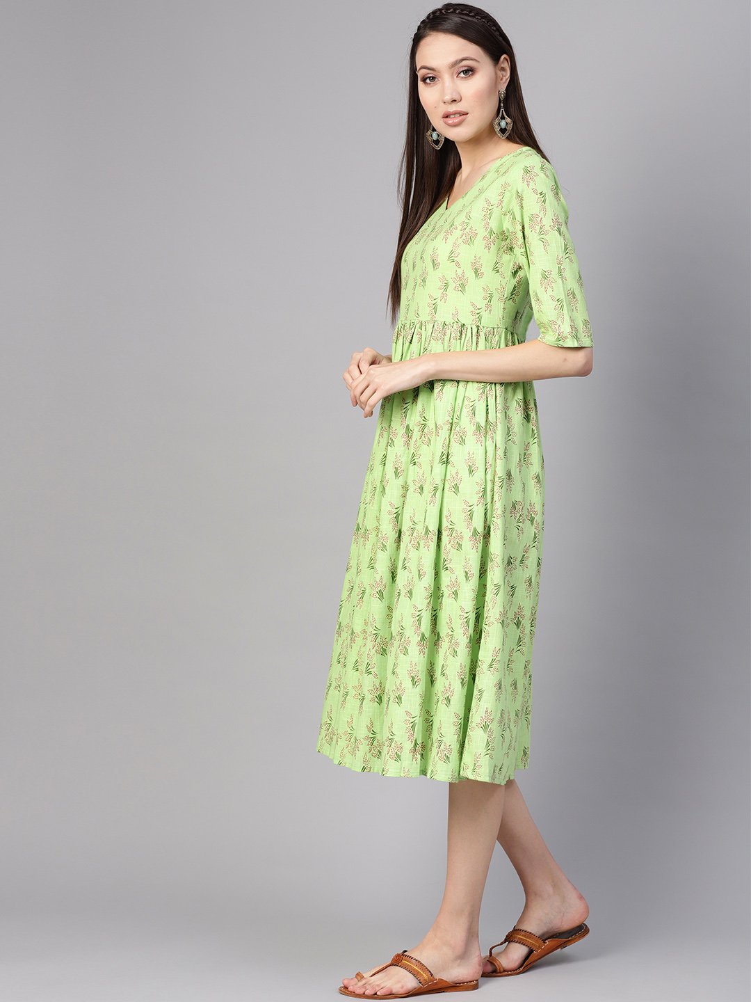 Women Green & Pink Printed A-Line Dress | LASVINI - Redefining Indian Fashion with Elegance