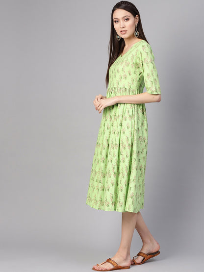 Women Green & Pink Printed A-Line Dress | LASVINI - Redefining Indian Fashion with Elegance