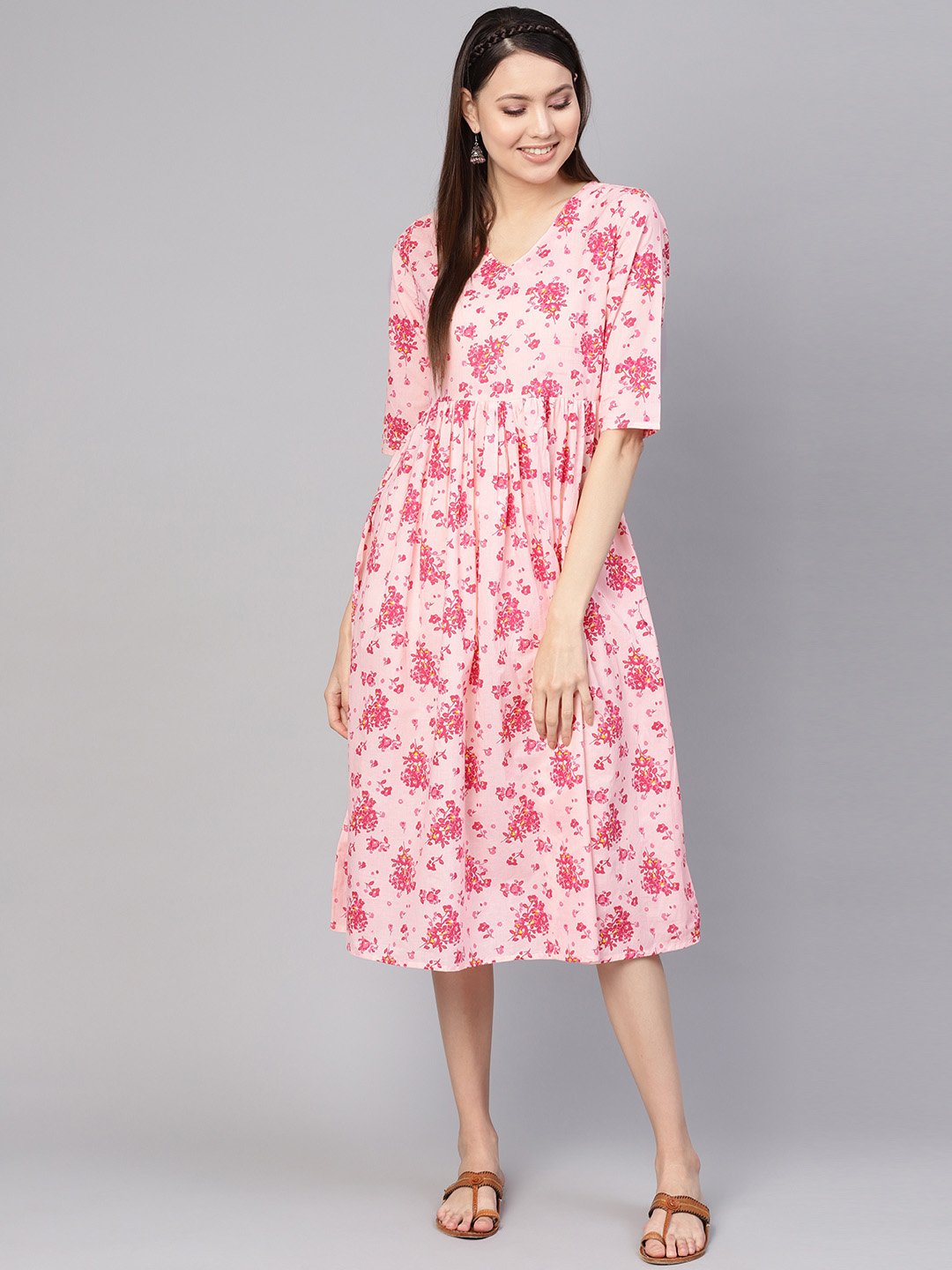 Women Peach-Coloured & Pink Printed A-Line Dress | LASVINI - Redefining Indian Fashion with Elegance
