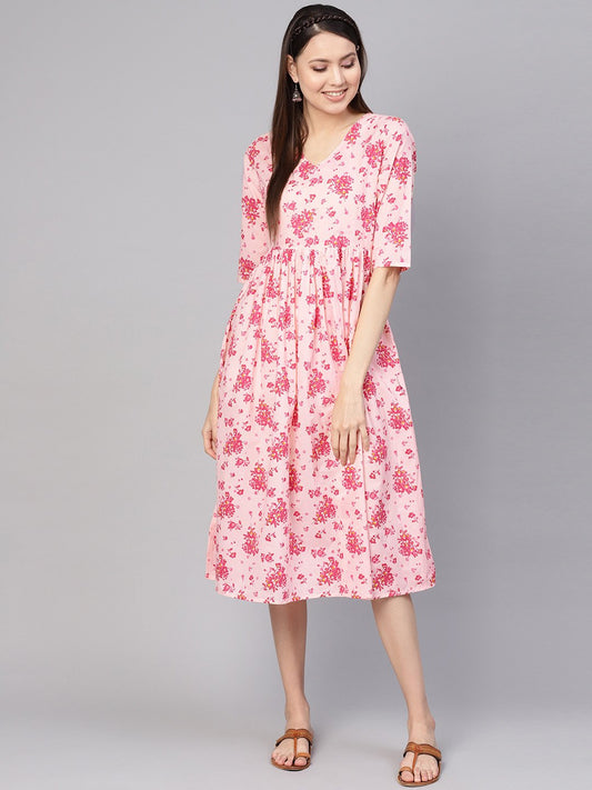 Women Peach-Coloured & Pink Printed A-Line Dress | LASVINI - Redefining Indian Fashion with Elegance