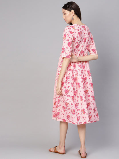 Women Peach-Coloured & Pink Printed A-Line Dress | LASVINI - Redefining Indian Fashion with Elegance