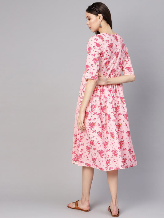 Women Peach-Coloured & Pink Printed A-Line Dress | LASVINI - Redefining Indian Fashion with Elegance