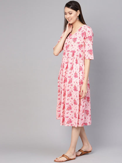 Women Peach-Coloured & Pink Printed A-Line Dress | LASVINI - Redefining Indian Fashion with Elegance