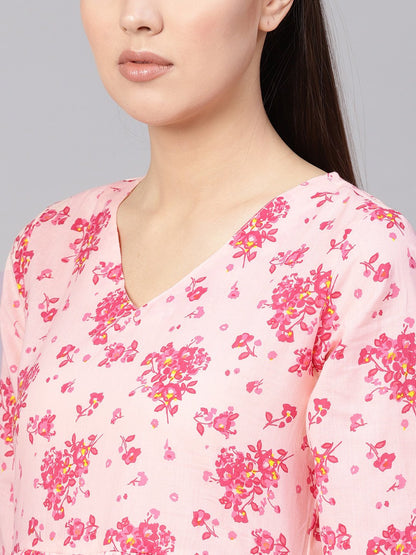 Women Peach-Coloured & Pink Printed A-Line Dress | LASVINI - Redefining Indian Fashion with Elegance