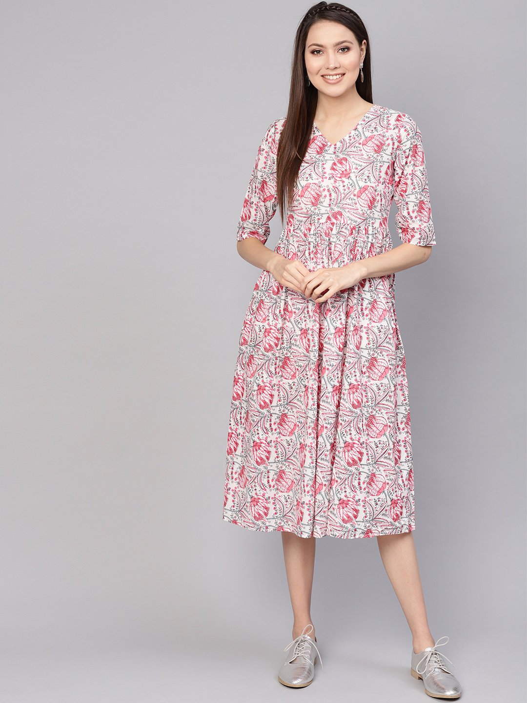 Women Off-White & Pink Printed A-Line Dress | LASVINI - Redefining Indian Fashion with Elegance