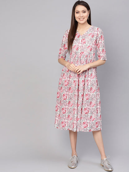Women Off-White & Pink Printed A-Line Dress | LASVINI - Redefining Indian Fashion with Elegance