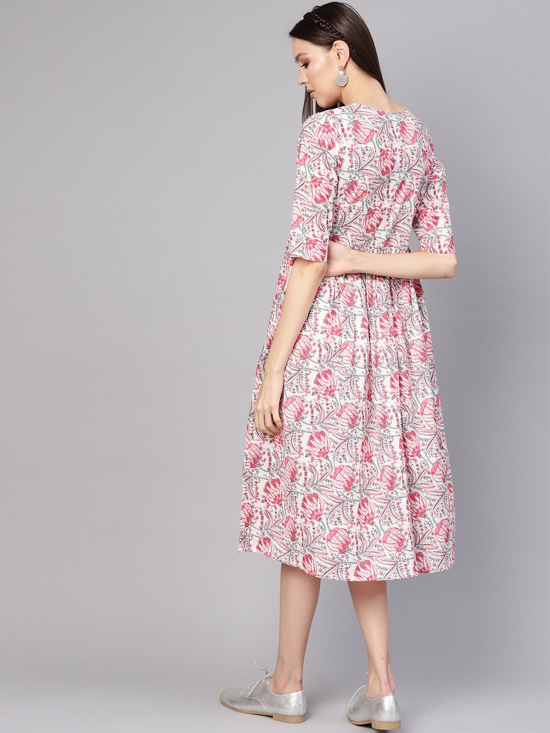 Women Off-White & Pink Printed A-Line Dress | LASVINI - Redefining Indian Fashion with Elegance