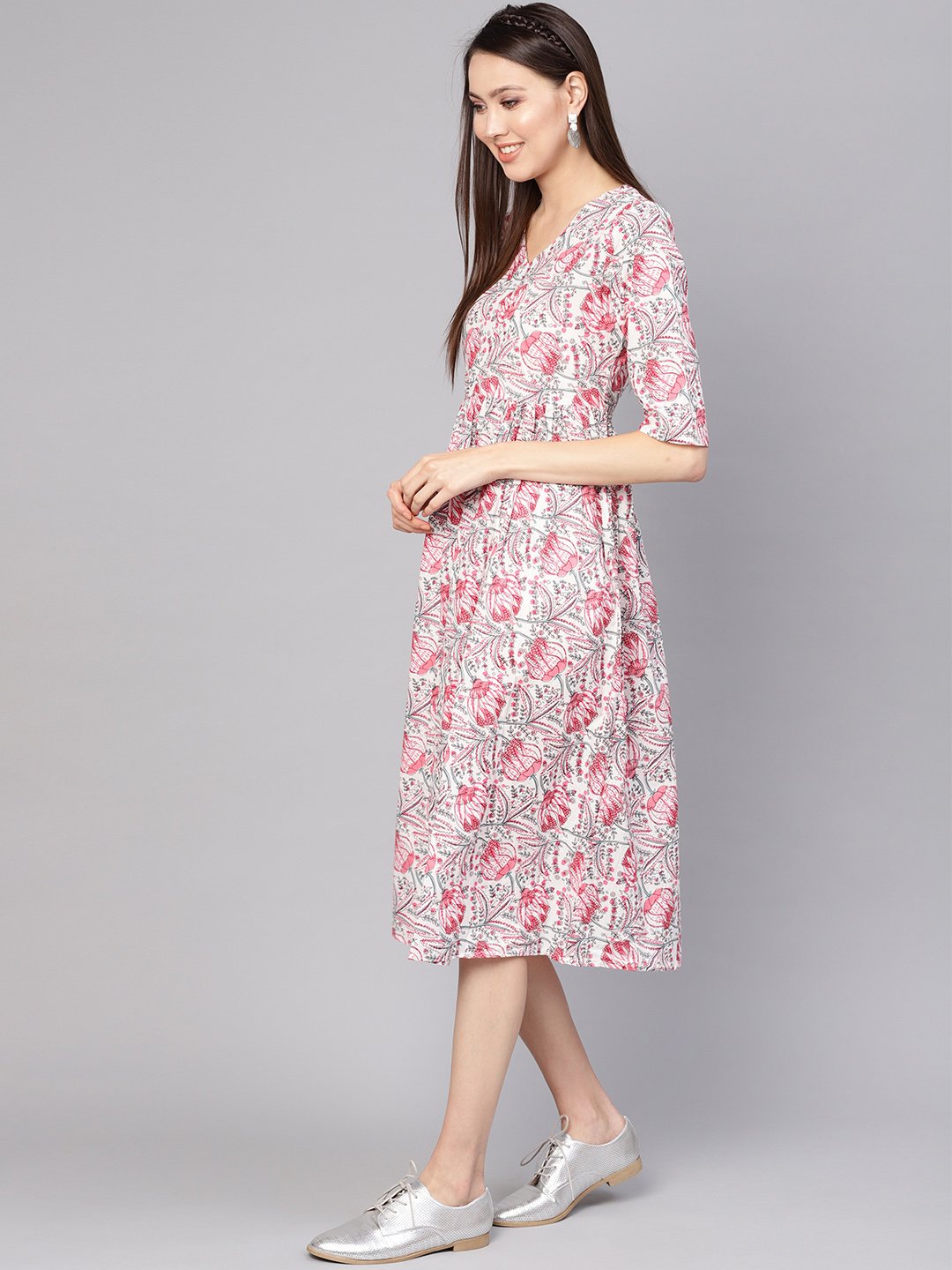 Women Off-White & Pink Printed A-Line Dress | LASVINI - Redefining Indian Fashion with Elegance