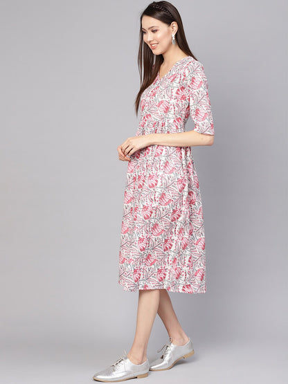 Women Off-White & Pink Printed A-Line Dress | LASVINI - Redefining Indian Fashion with Elegance