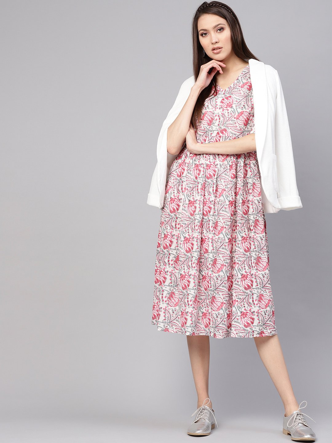 Women Off-White & Pink Printed A-Line Dress | LASVINI - Redefining Indian Fashion with Elegance