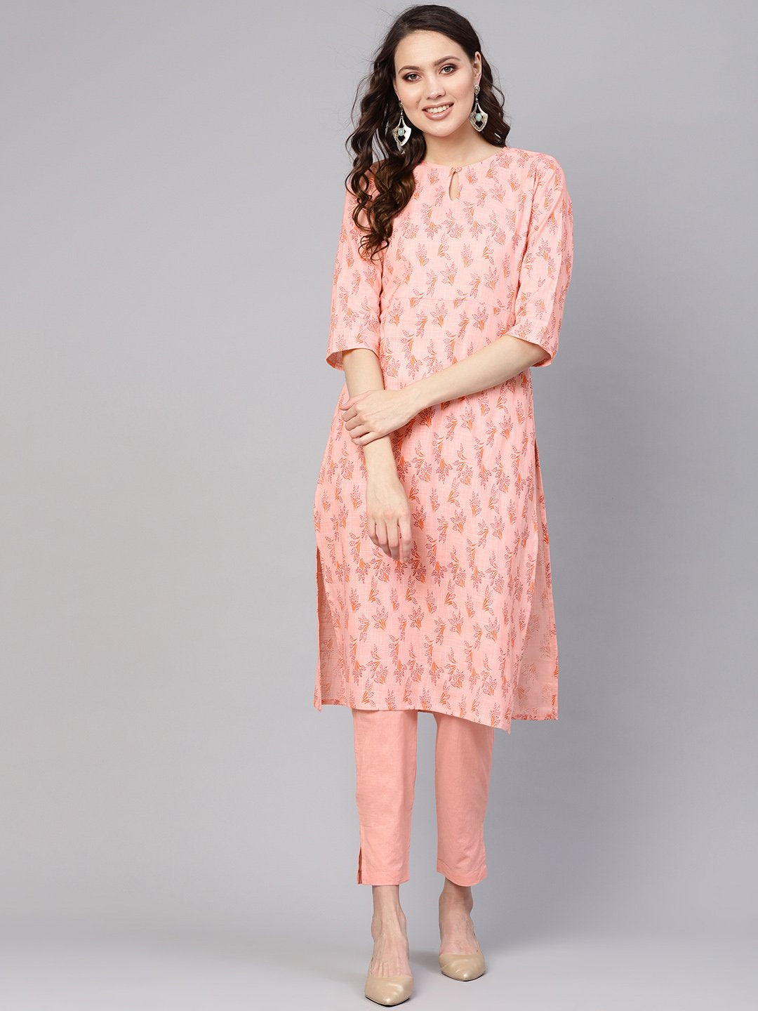 Women Peach-Coloured Printed Kurta With Trousers | LASVINI - Redefining Indian Fashion with Elegance