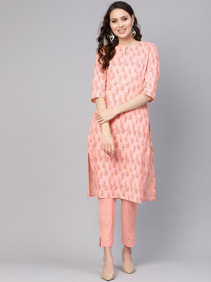 Women Peach-Coloured Printed Kurta With Trousers | LASVINI - Redefining Indian Fashion with Elegance