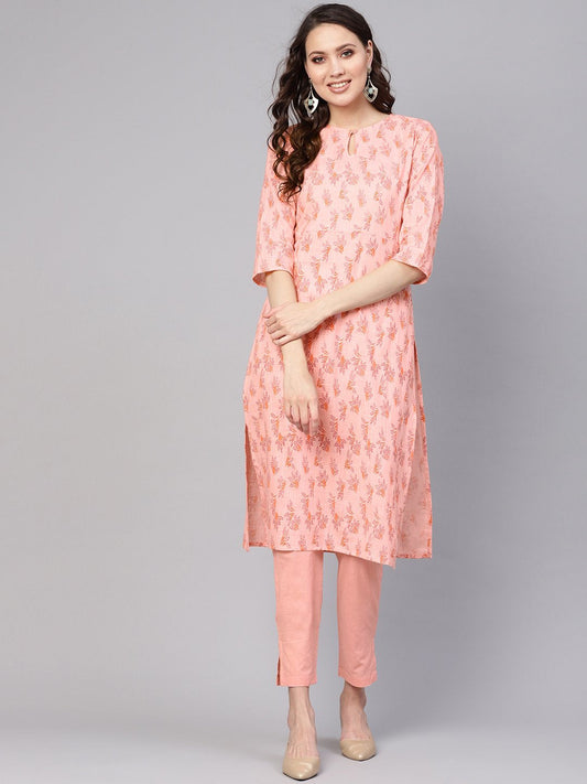 Women Peach-Coloured Printed Kurta With Trousers | LASVINI - Redefining Indian Fashion with Elegance