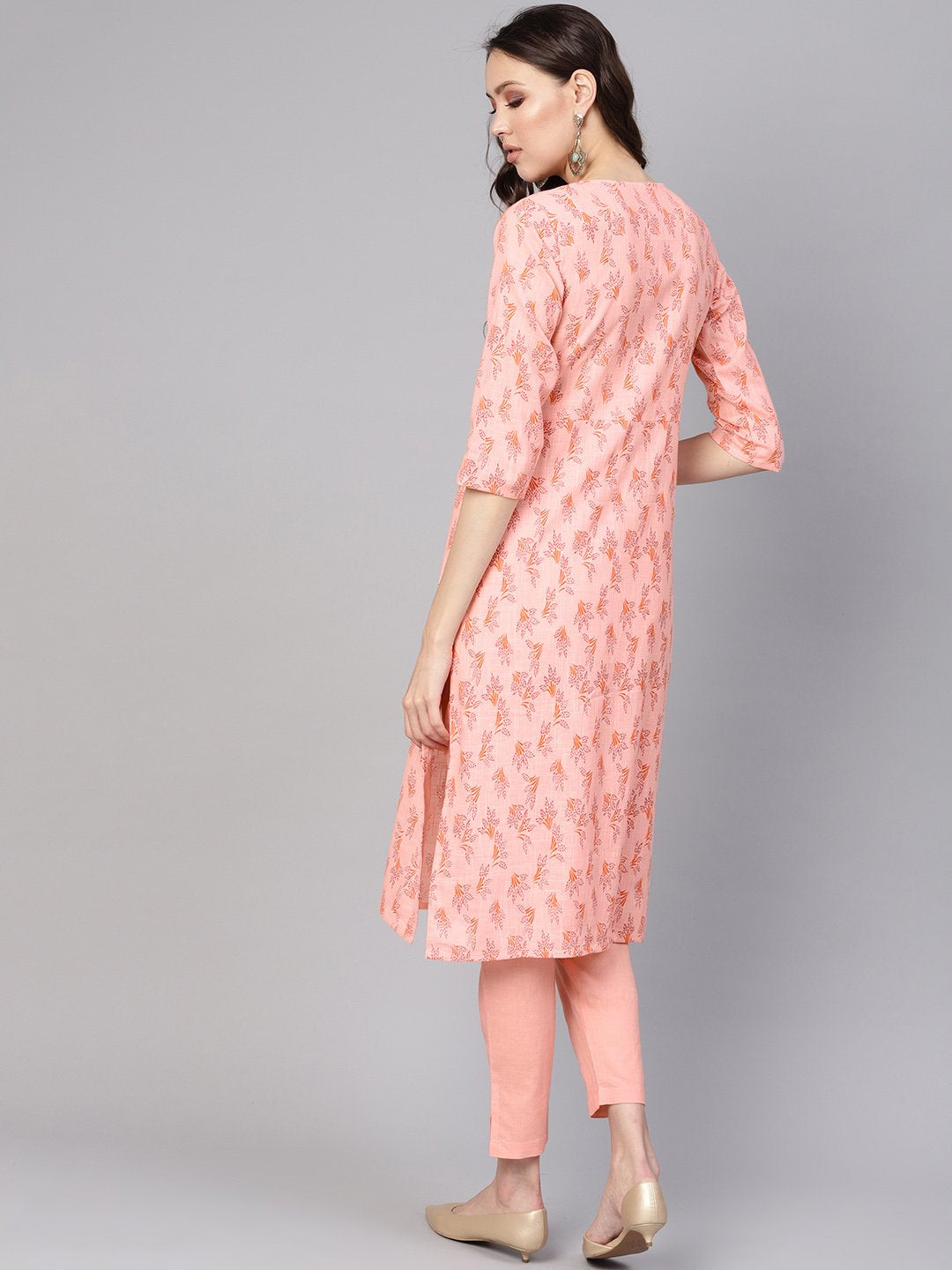 Women Peach-Coloured Printed Kurta With Trousers | LASVINI - Redefining Indian Fashion with Elegance