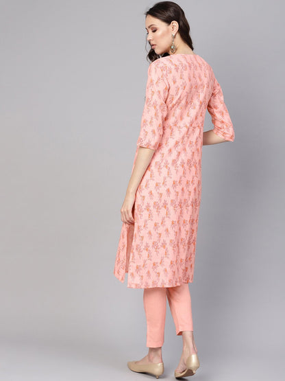 Women Peach-Coloured Printed Kurta With Trousers | LASVINI - Redefining Indian Fashion with Elegance