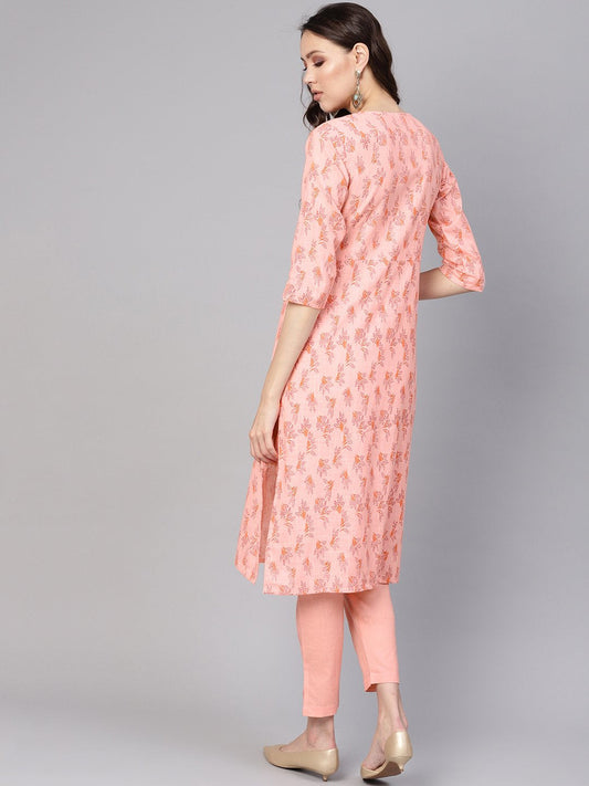 Women Peach-Coloured Printed Kurta With Trousers | LASVINI - Redefining Indian Fashion with Elegance