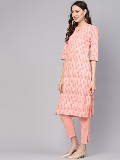 Women Peach-Coloured Printed Kurta With Trousers | LASVINI - Redefining Indian Fashion with Elegance