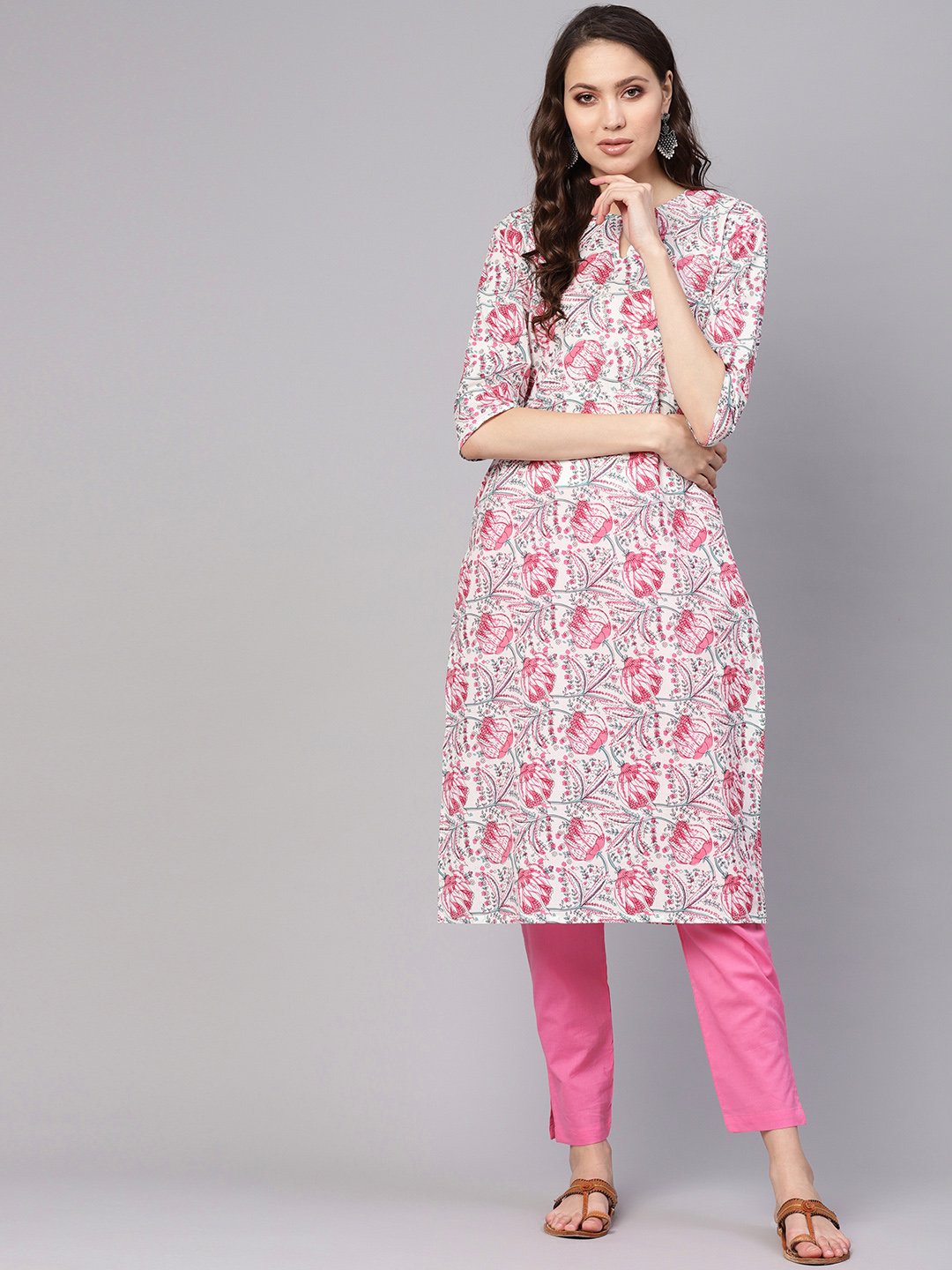 Women White & Pink Printed Kurta With Trousers | LASVINI - Redefining Indian Fashion with Elegance