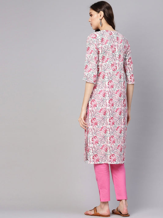 Women White & Pink Printed Kurta With Trousers | LASVINI - Redefining Indian Fashion with Elegance