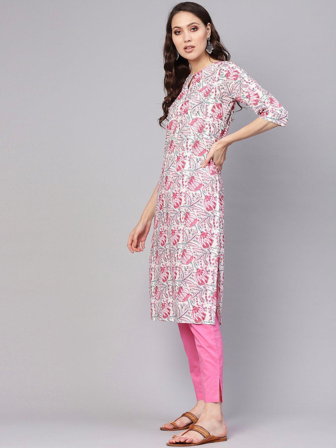 Women White & Pink Printed Kurta With Trousers | LASVINI - Redefining Indian Fashion with Elegance