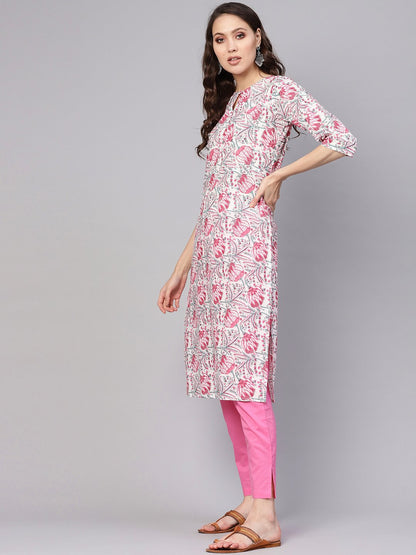 Women White & Pink Printed Kurta With Trousers | LASVINI - Redefining Indian Fashion with Elegance