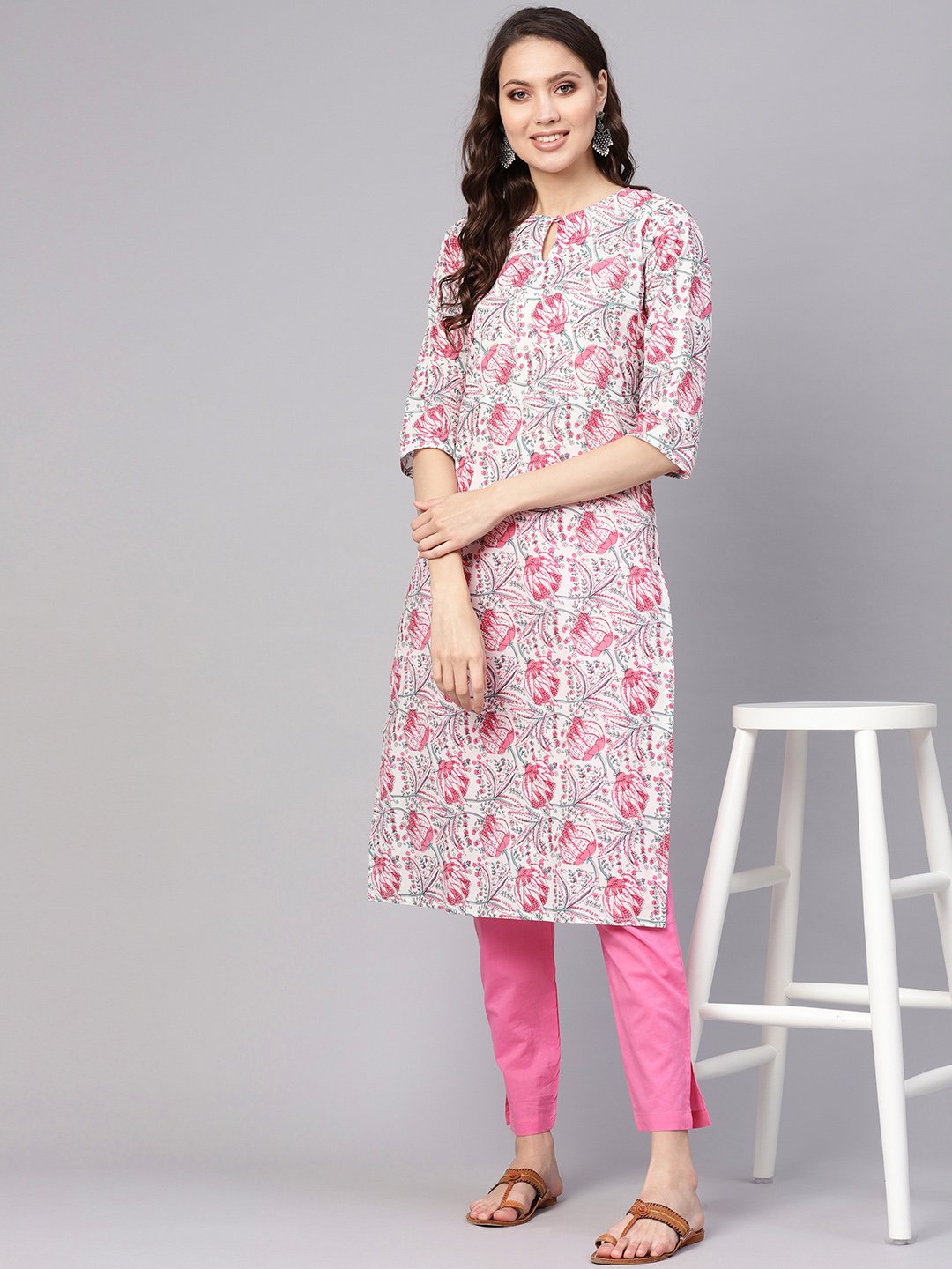 Women White & Pink Printed Kurta With Trousers | LASVINI - Redefining Indian Fashion with Elegance