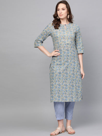 Women Blue Three-Quarter Sleeves Printed Straight Pure Cotton Kurta With Trouser Set | LASVINI - Redefining Indian Fashion with Elegance