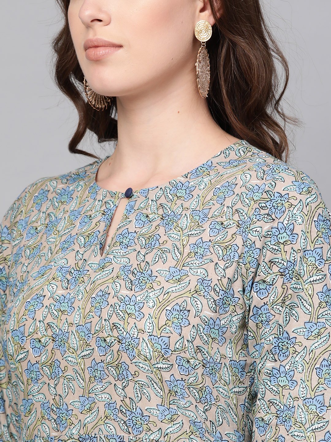 Women Blue Three-Quarter Sleeves Printed Straight Pure Cotton Kurta With Trouser Set | LASVINI - Redefining Indian Fashion with Elegance