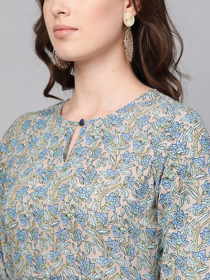 Women Blue Three-Quarter Sleeves Printed Straight Pure Cotton Kurta With Trouser Set | LASVINI - Redefining Indian Fashion with Elegance