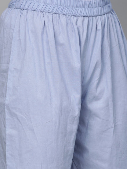 Women Blue Three-Quarter Sleeves Printed Straight Pure Cotton Kurta With Trouser Set | LASVINI - Redefining Indian Fashion with Elegance