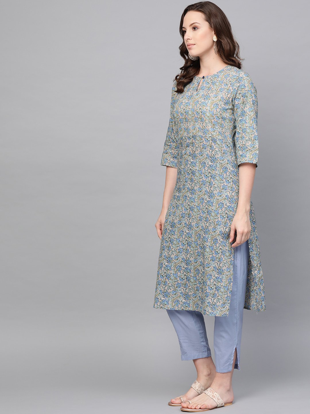 Women Blue Three-Quarter Sleeves Printed Straight Pure Cotton Kurta With Trouser Set | LASVINI - Redefining Indian Fashion with Elegance