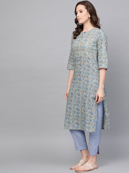 Women Blue Three-Quarter Sleeves Printed Straight Pure Cotton Kurta With Trouser Set | LASVINI - Redefining Indian Fashion with Elegance