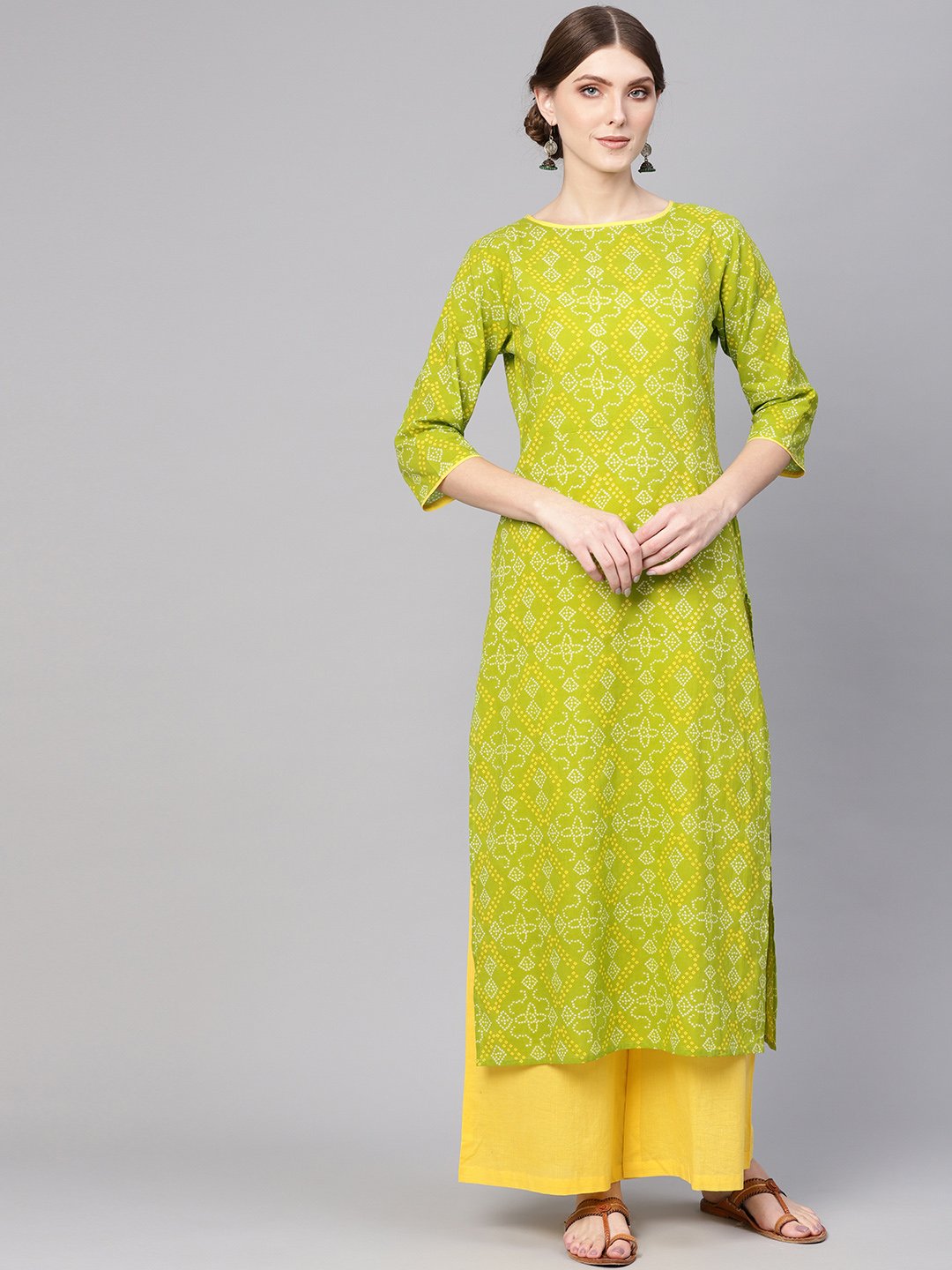 Women Green & Yellow Bandhani Print Kurta With Palazzos | LASVINI - Redefining Indian Fashion with Elegance