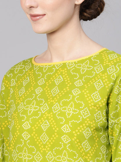 Women Green & Yellow Bandhani Print Kurta With Palazzos | LASVINI - Redefining Indian Fashion with Elegance