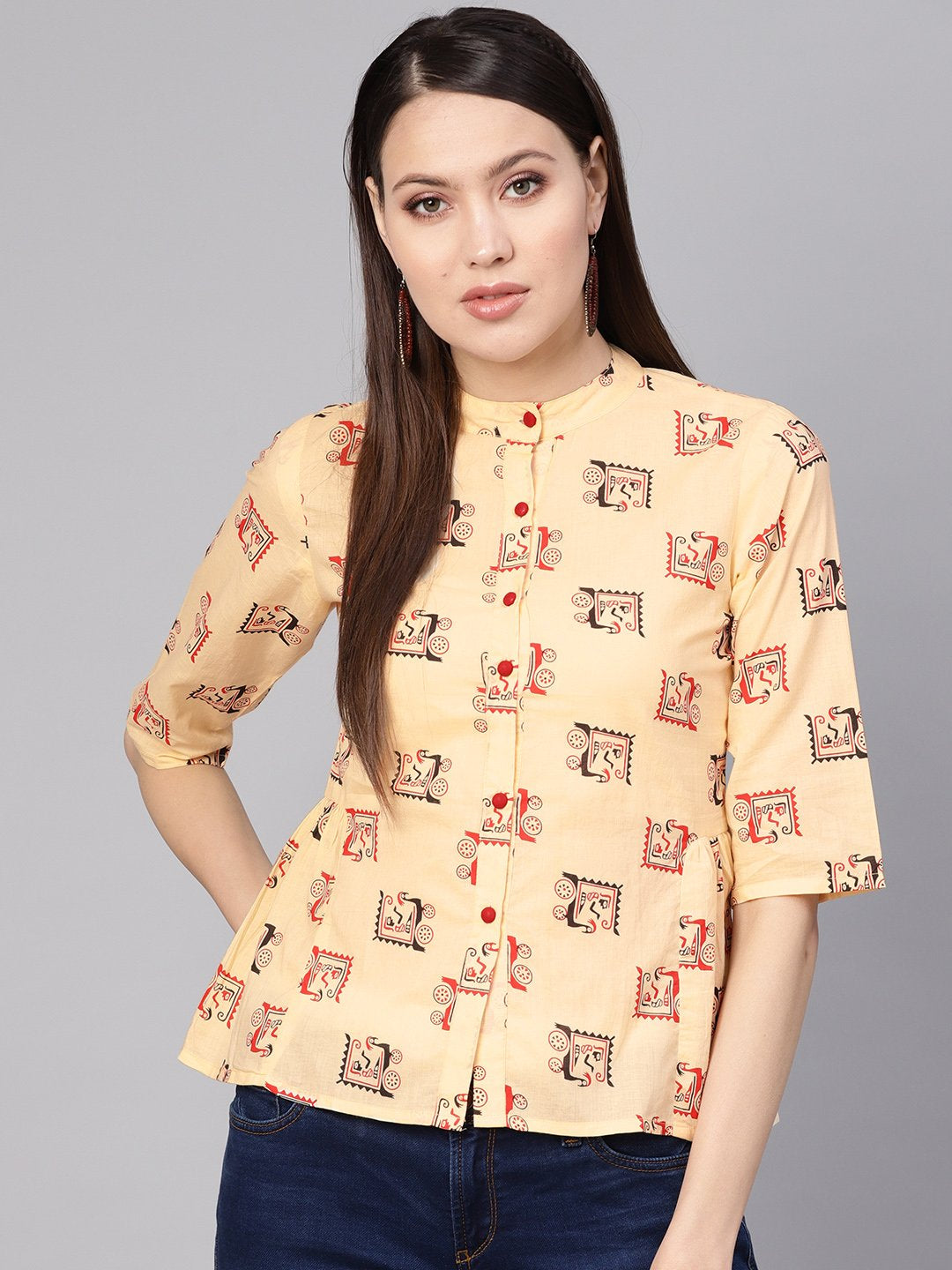 Women Cream-Coloured & Red Printed Shirt Style Top | LASVINI - Redefining Indian Fashion with Elegance
