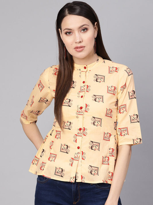 Women Cream-Coloured & Red Printed Shirt Style Top | LASVINI - Redefining Indian Fashion with Elegance