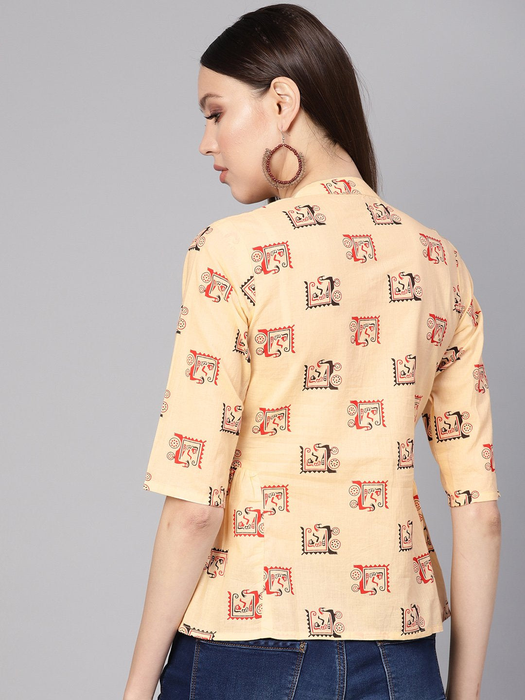 Women Cream-Coloured & Red Printed Shirt Style Top | LASVINI - Redefining Indian Fashion with Elegance