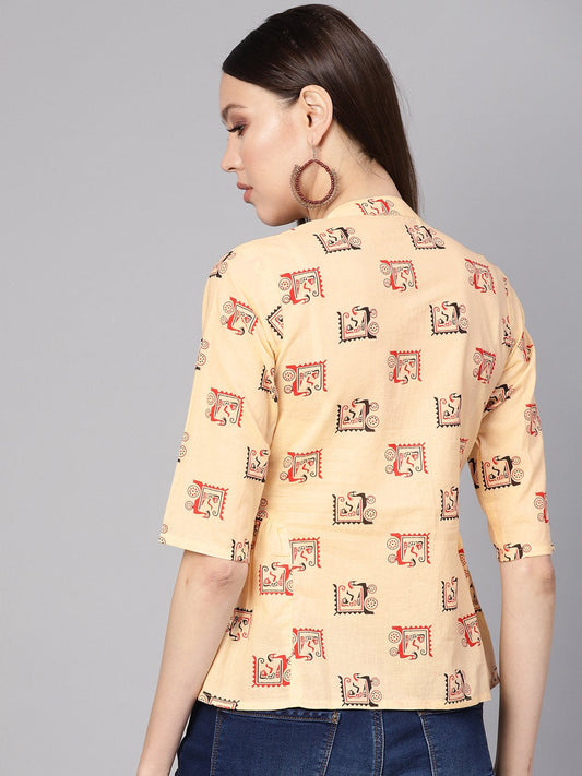 Women Cream-Coloured & Red Printed Shirt Style Top | LASVINI - Redefining Indian Fashion with Elegance