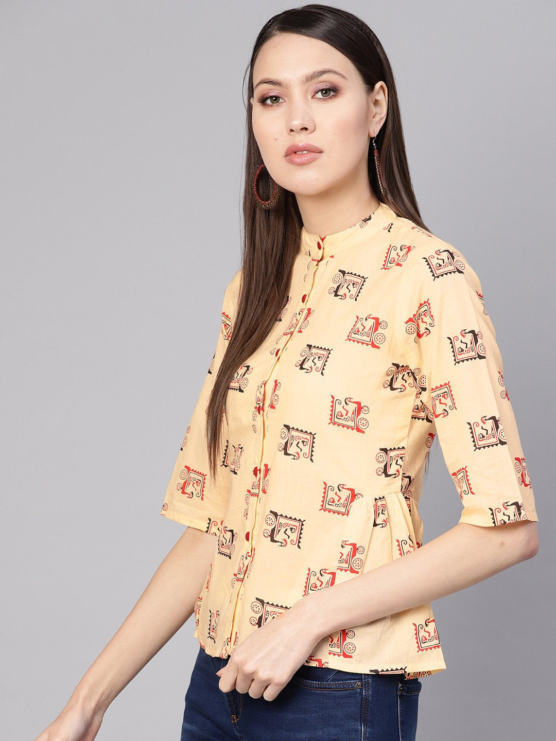 Women Cream-Coloured & Red Printed Shirt Style Top | LASVINI - Redefining Indian Fashion with Elegance