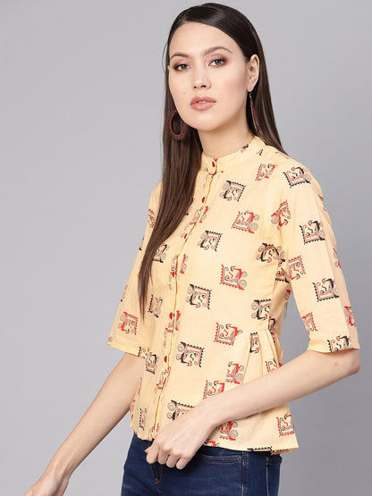 Women Cream-Coloured & Red Printed Shirt Style Top | LASVINI - Redefining Indian Fashion with Elegance