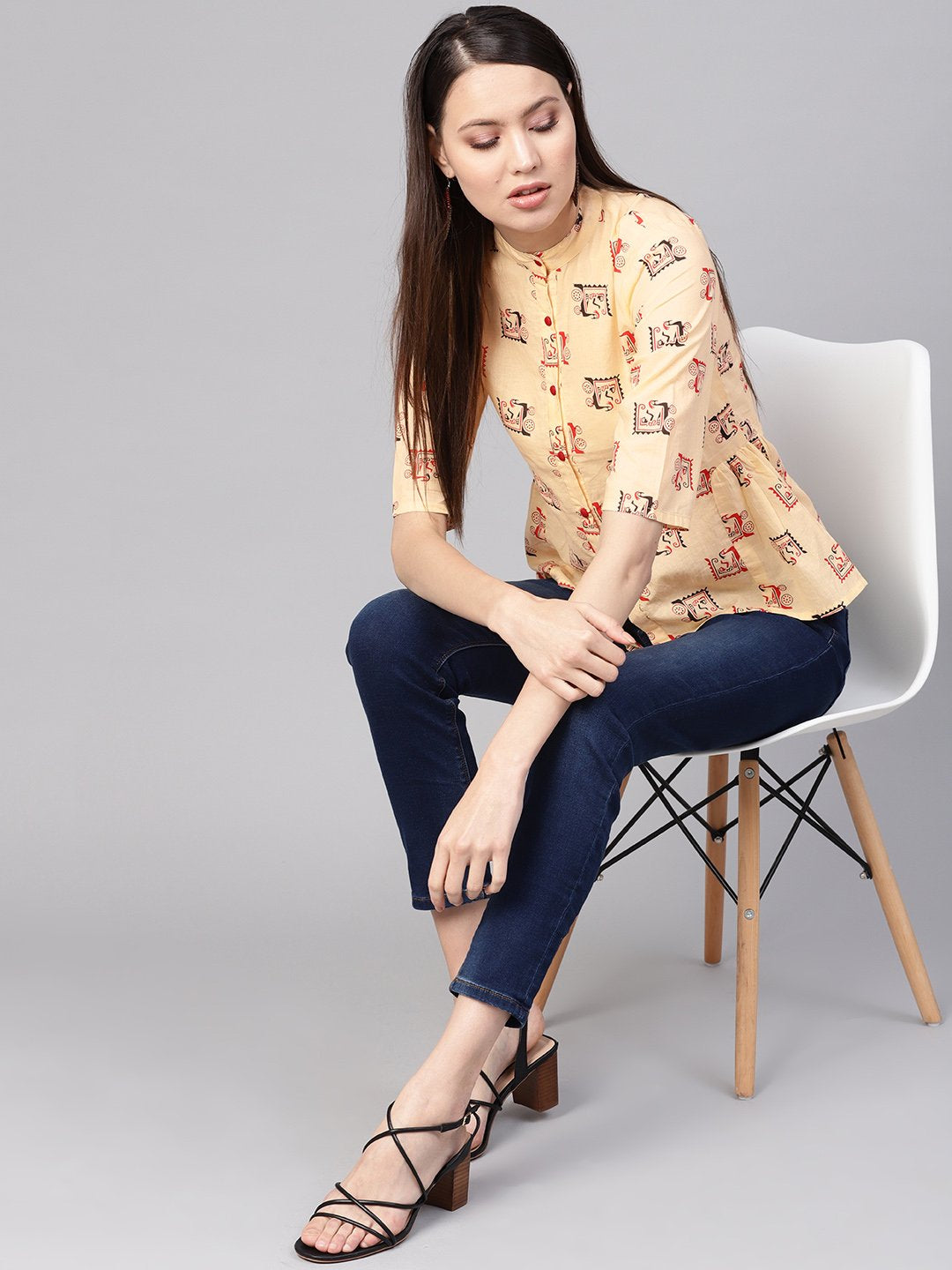 Women Cream-Coloured & Red Printed Shirt Style Top | LASVINI - Redefining Indian Fashion with Elegance