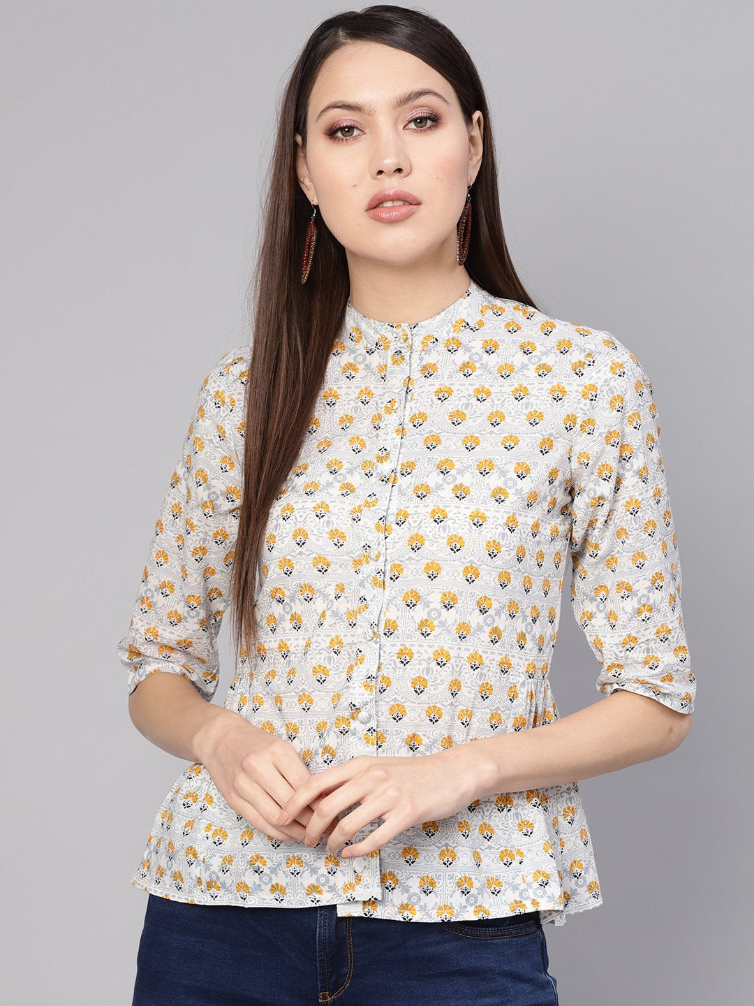 Women Blue & Mustard Yellow Printed Shirt Style Top | LASVINI - Redefining Indian Fashion with Elegance