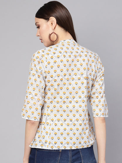 Women Blue & Mustard Yellow Printed Shirt Style Top | LASVINI - Redefining Indian Fashion with Elegance