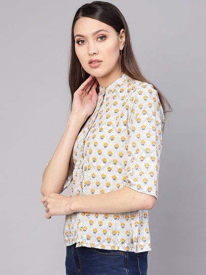 Women Blue & Mustard Yellow Printed Shirt Style Top | LASVINI - Redefining Indian Fashion with Elegance