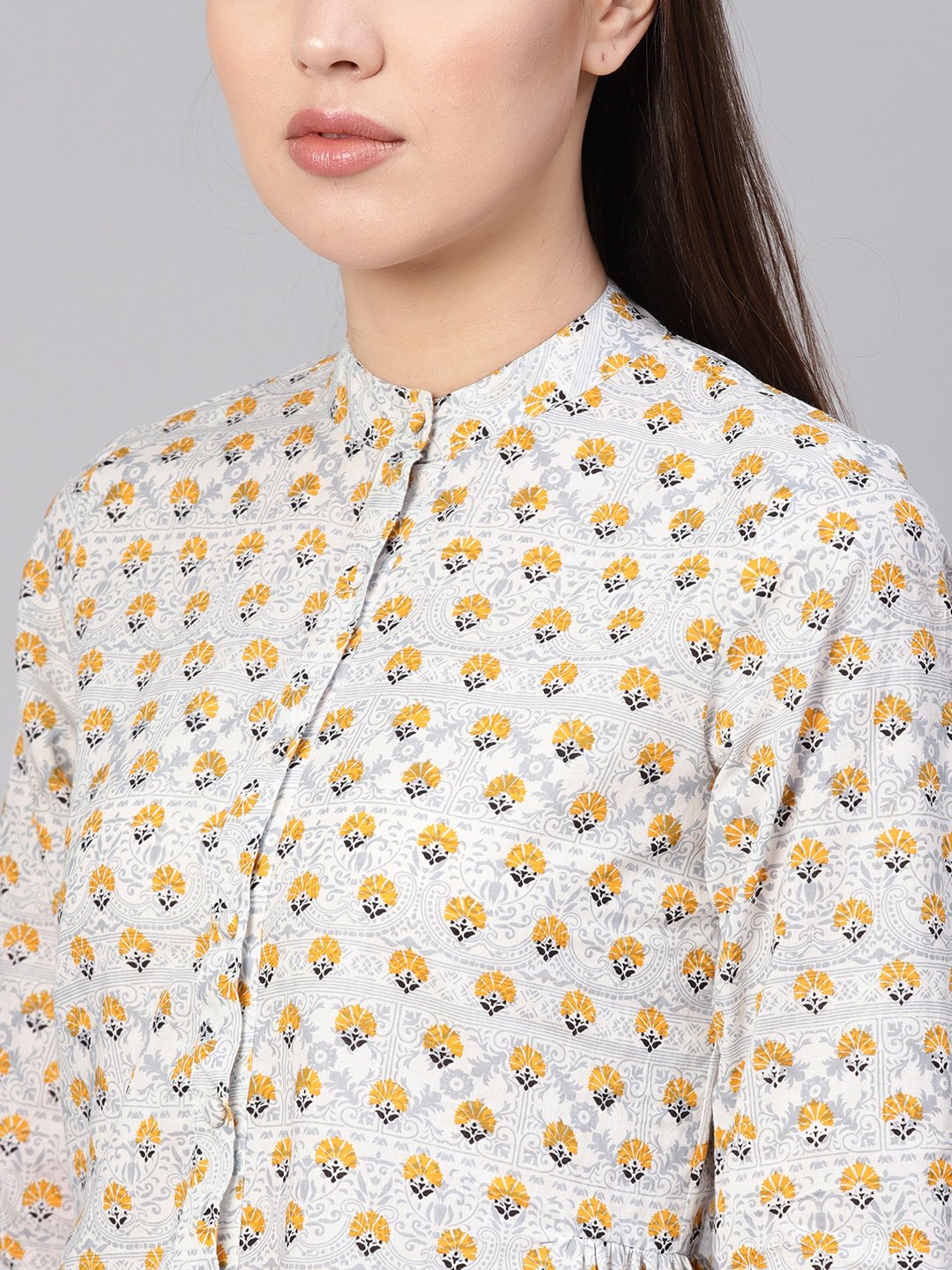 Women Blue & Mustard Yellow Printed Shirt Style Top | LASVINI - Redefining Indian Fashion with Elegance
