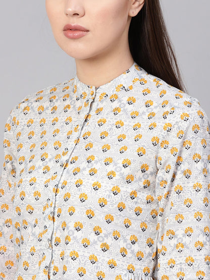 Women Blue & Mustard Yellow Printed Shirt Style Top | LASVINI - Redefining Indian Fashion with Elegance