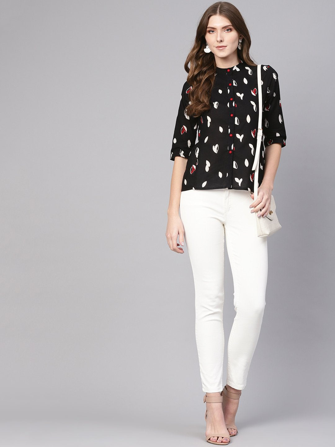 Women Black & White Printed Shirt Style Top | LASVINI - Redefining Indian Fashion with Elegance