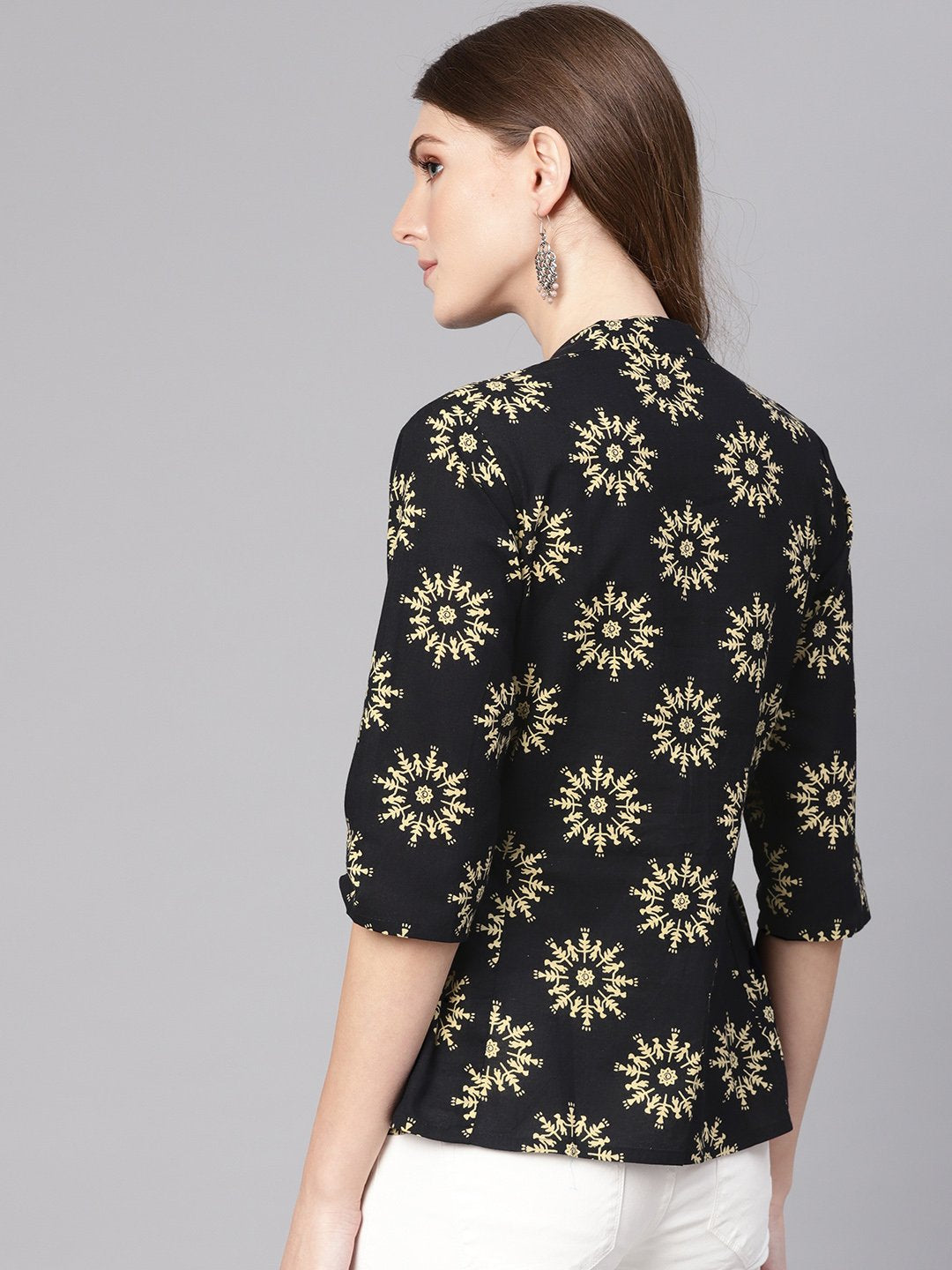 Women Black & Cream-Coloured Printed Shirt Style Top | LASVINI - Redefining Indian Fashion with Elegance